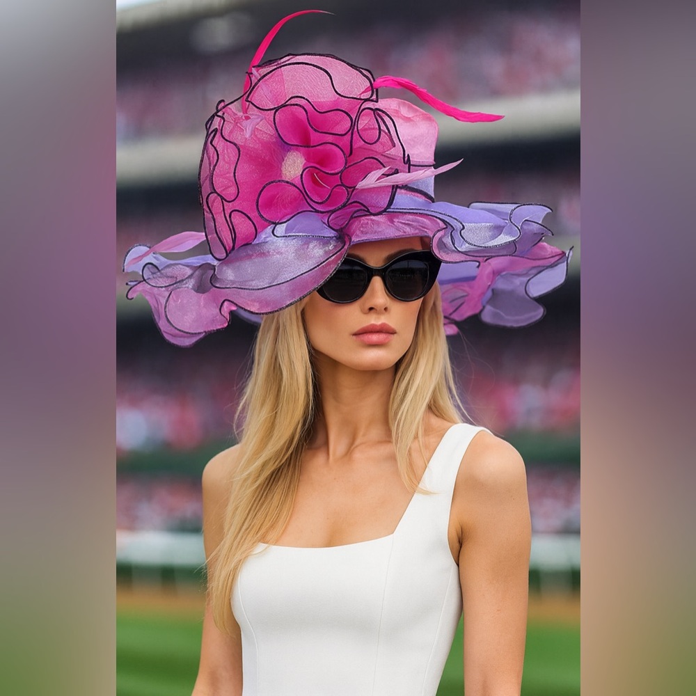 Kentucky Derby Hat Organza Floral Wide Brim Pink Purple Feathers